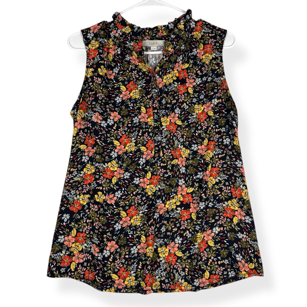 Loft Blouse Womens S Small All Over Floral Half Button‎ Down Ruffle Neck Career